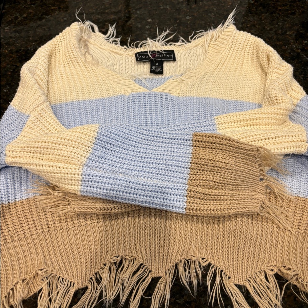 Yellow and blue cropped sweater with fringe #cropped